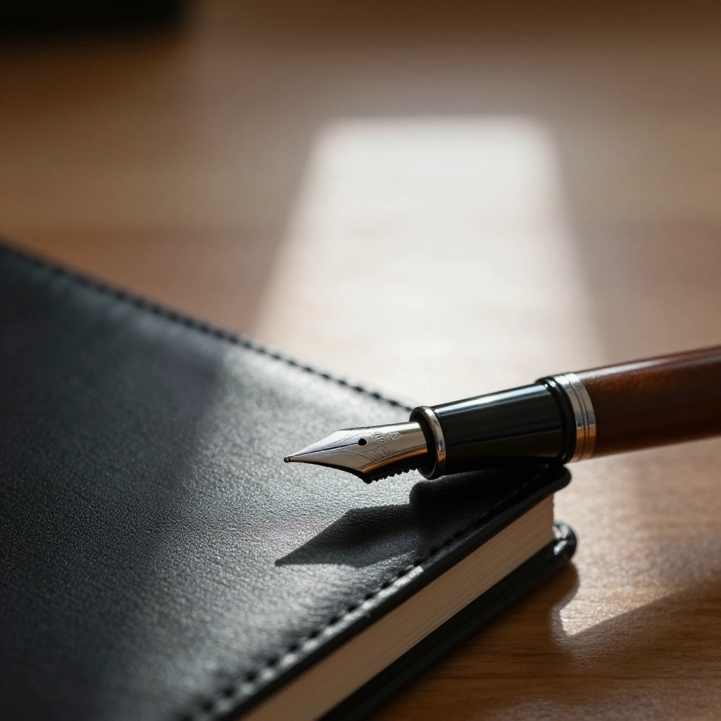 Plume de stylo sur carnet noir